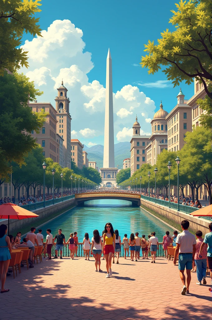 Create an image with the Obelisk of Buenos Aires, the Casino, the Women's Bridge, the Caminito and the Metal Flower