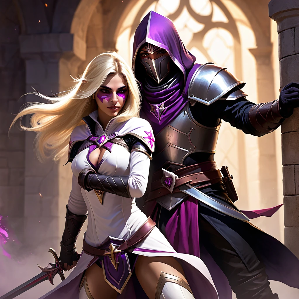 Create an image showing a Templar assassin protecting a submissive blonde woman from Sarradines.