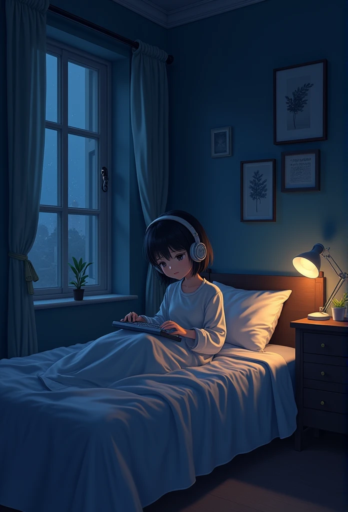 night、Girl listening to music in a cozy room, Use headphones, Anime Style, LoFi, hard disk, Dark Environment、Looks sleepy