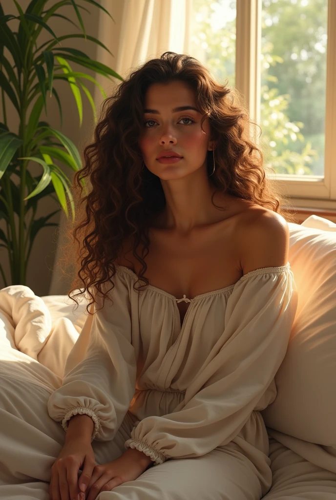 (photorealism:1.2), beautiful woman, sitting on bed, wearing loose off-shoulder top, pajama pants, long curly hair, indoors, soft lighting, plants in background, window with sunlight, cozy room, relaxed pose, realistic, intricate details, warm colors, by Greg Rutkowski, by Alphonse Mucha