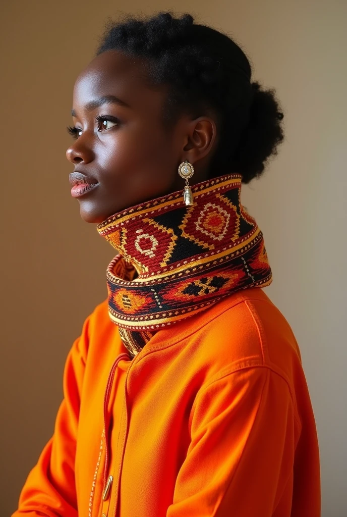 Main Body: The scarf is a solid orange color, giving it a vibrant and warm appearance.Turtleneck Section: The turtleneck has the tibeb pattern. Imagine this pattern in colors that contrast or complement orange, such as shades of red, yellow, or even black for a striking effect.