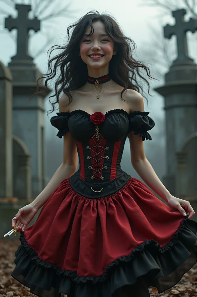 A very pretty 14 year old with wavy hair wearing a pretty red and black corset and an extremely beautiful round red and black skirt, she's in the cemetery laughing, She has a bunch of cigarettes in her hand