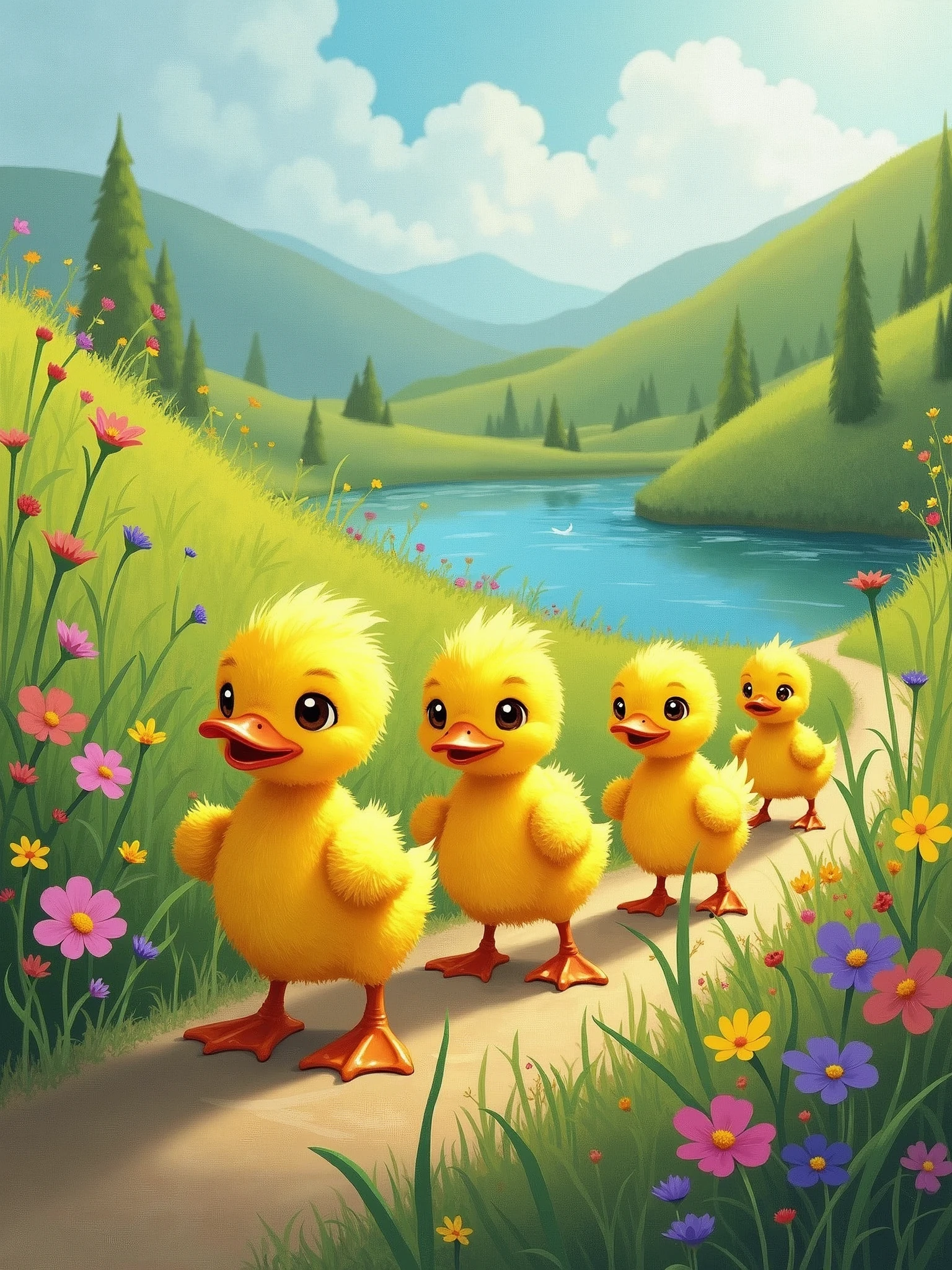 Illustrate four little ducks waddling back over the hill, looking a bit confused as they return to the pond. The background should still be colorful but with a hint of concern.
