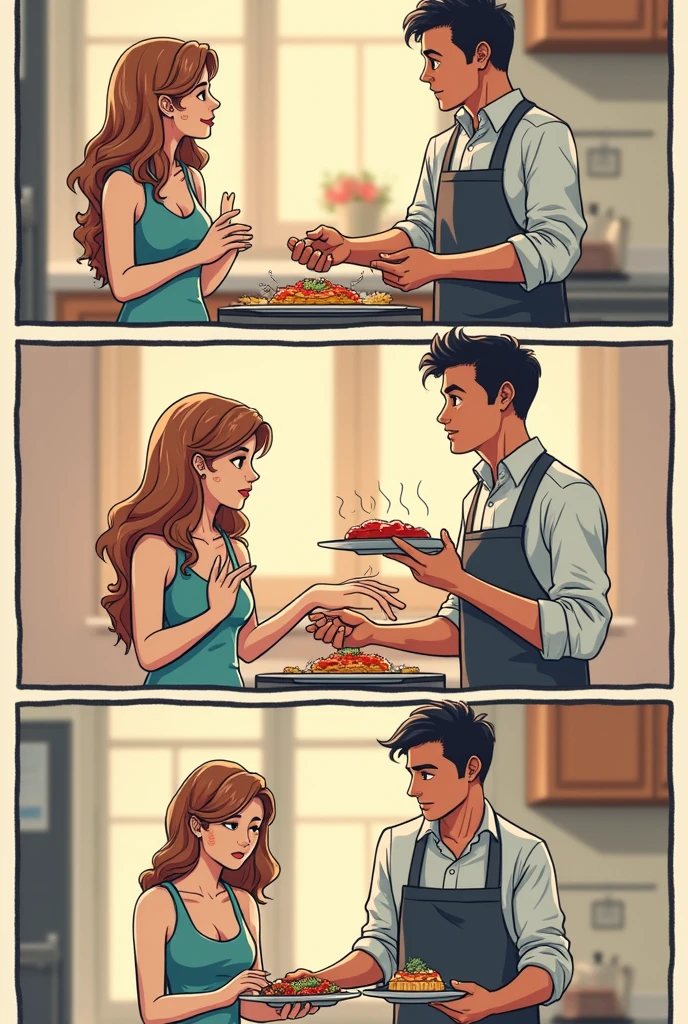 Comics about a chef who falls in love with a client , They go out together and have many adventures, then he leaves the country and comes back after 4 years and she is still waiting for him. 