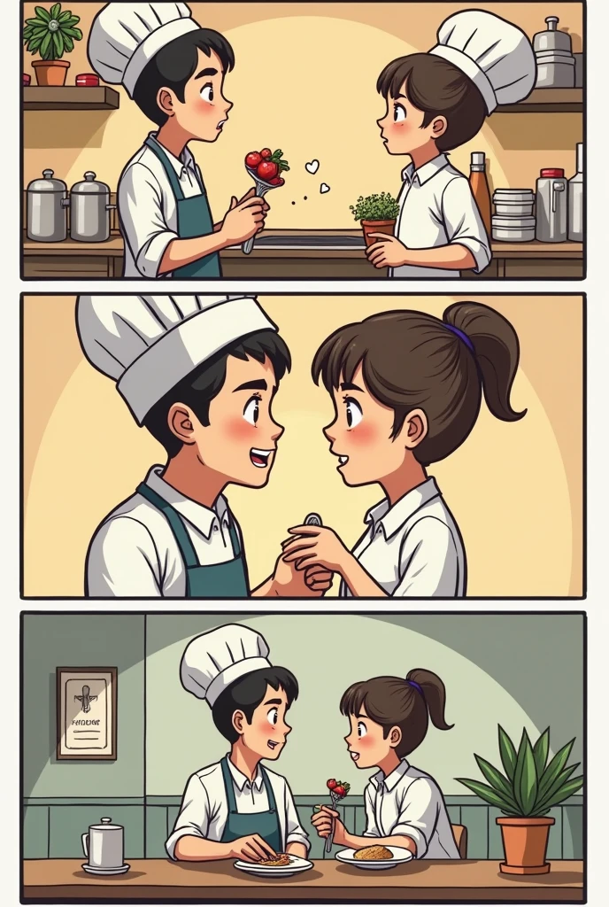 Comics about a chef who falls in love with a client , They go out together and have many adventures, then he leaves the country and comes back after 4 years and she is still waiting for him.