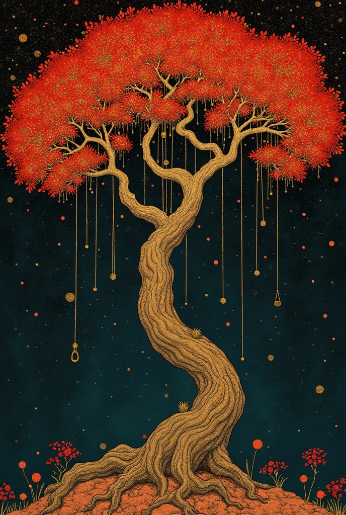 edmund dulac gemstone hanging tree japanoisme 1920's magical realism shimmer Ogata Kōrin Gustav Klimt intricate clear red glitter lightstreaks easy-on-the-eye