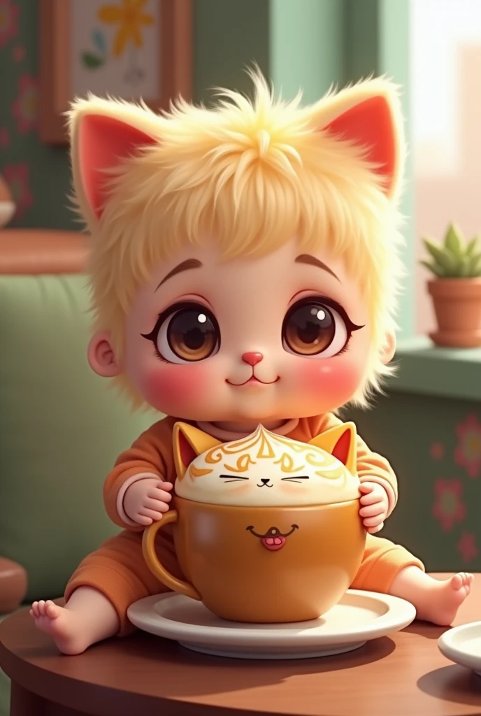 Chibi doll holding a cat-shaped cappuccino
