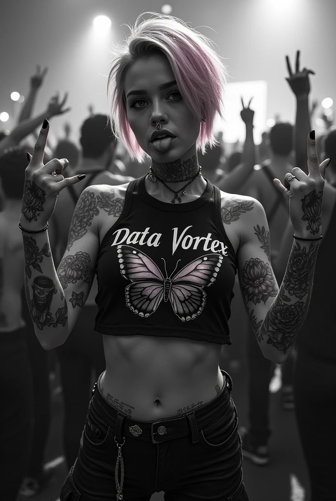 (photorealism:1.2) Make the image as real as possible. Pay attention to every single aspect of detail.
Beautiful woman with swept bangs. Her hair is short and her hair color is pink with blonde highlights. She has on a black top that reads ‘Data Vortex’ with a butterfly behind the text. She has on cargo vanguard pants with the belt loops on the hips. Her g-string is visible as well. Pay attention to detail in the image. Her pose is dramatic and badass. Her physique is athletic and curvaceous. Both of her arms are covered in tattoos. The tattoos are mainly anti-christ images, baphomet, plants and bible verses. She has a nose ring on her left nostril.
She is her tongue out and she’s holding up her middle fingers. The image should be in play and white. She is behind a rock concert mosh pit.