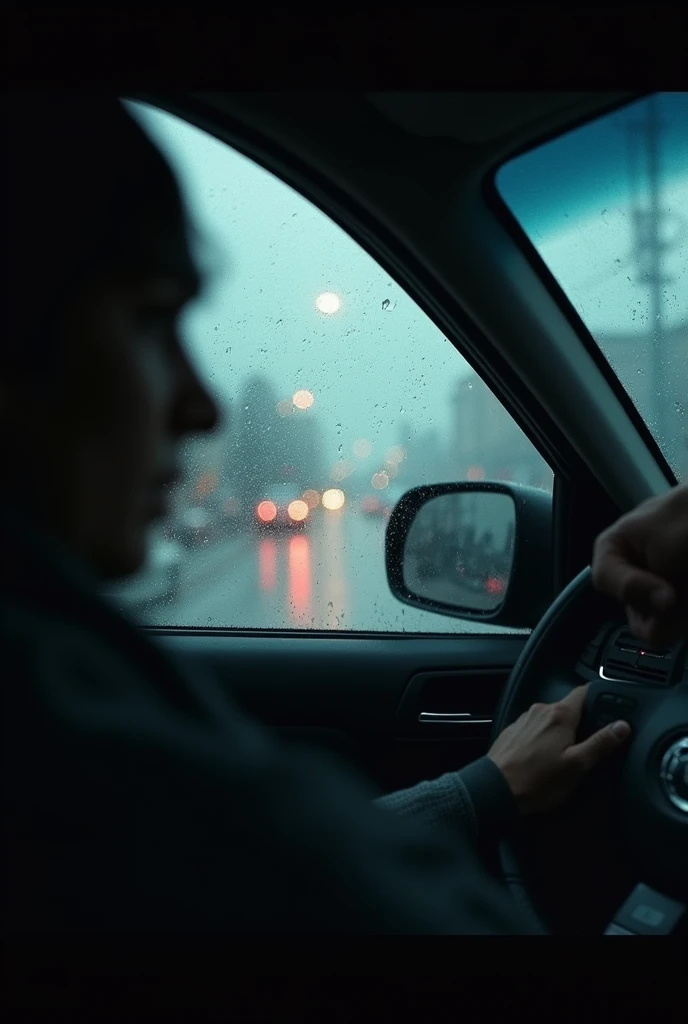 a dark moody image taken from inside a car in rainy