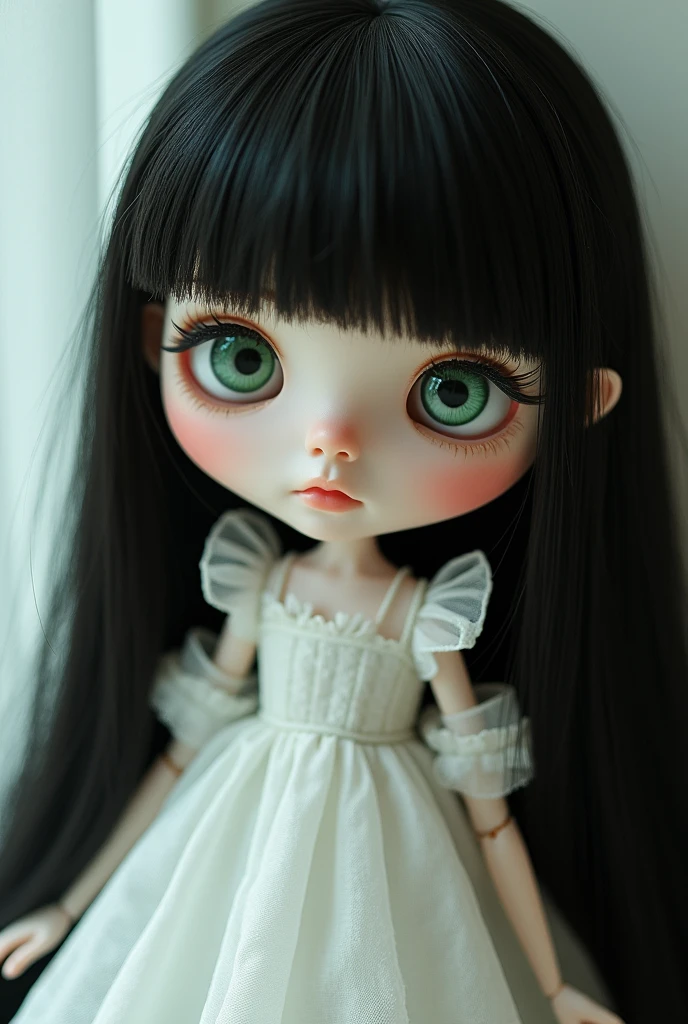 blythe doll white skin color with green eyes and long straight black hair with bangs 