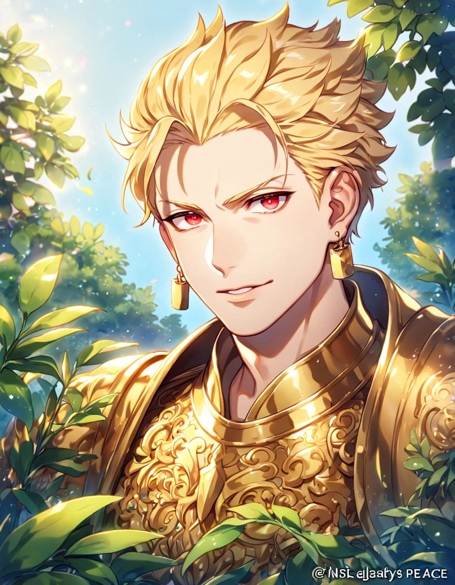 absurdres, highres, ultra detailed, HDR, master piece, best quality, extremely detailed face, delicated features, Gilgamesh, blonde hair, hair slicked up, ruffled hair, expressive red eyes, Fate Stay Night, solo, sexy man, handsome, manly man, golden earrings, golden armor, fantasy, magical, radiant, flowers, garden, blue sky, green leaves
