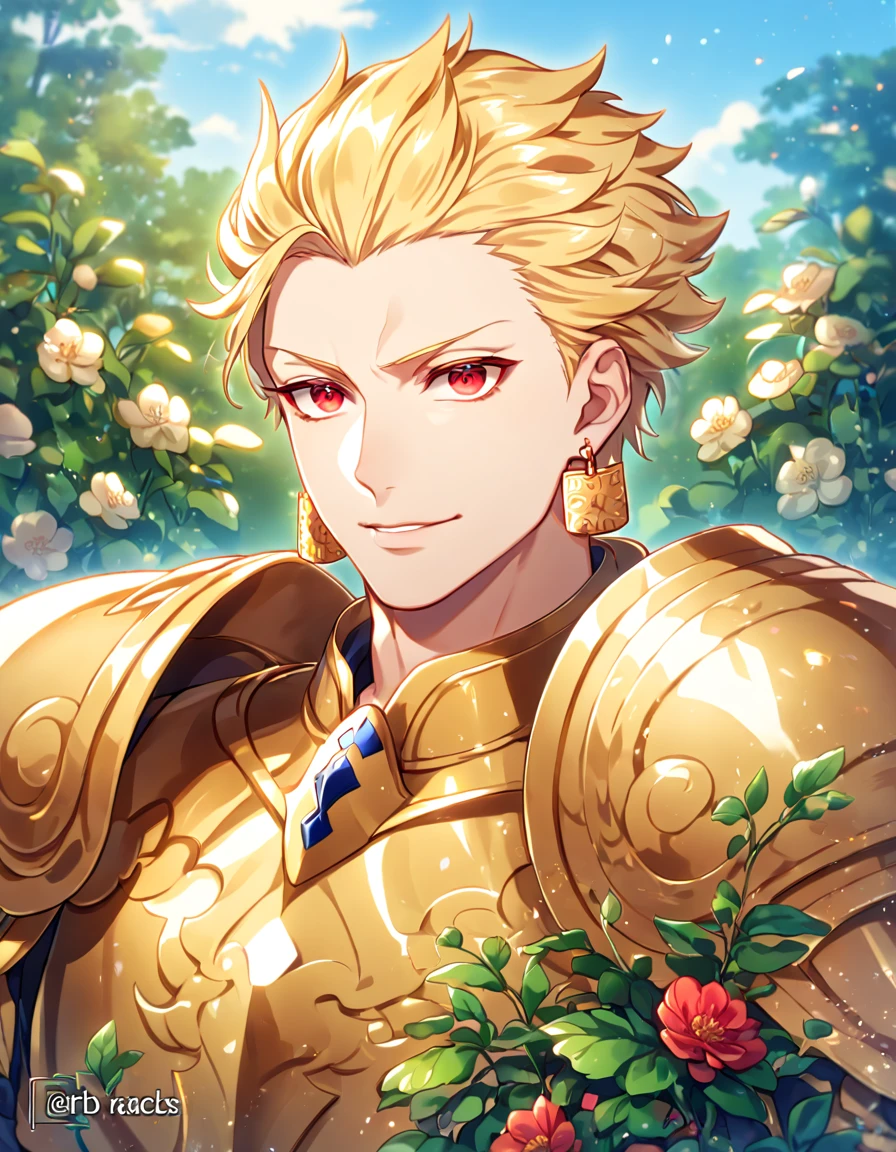 absurdres, highres, ultra detailed, HDR, master piece, best quality, extremely detailed face, delicated features, Gilgamesh, blonde hair, hair slicked up, ruffled hair, expressive red eyes, Fate Stay Night, solo, sexy man, handsome, manly man, golden earrings, golden armor, fantasy, magical, radiant, flowers, garden, blue sky, green leaves