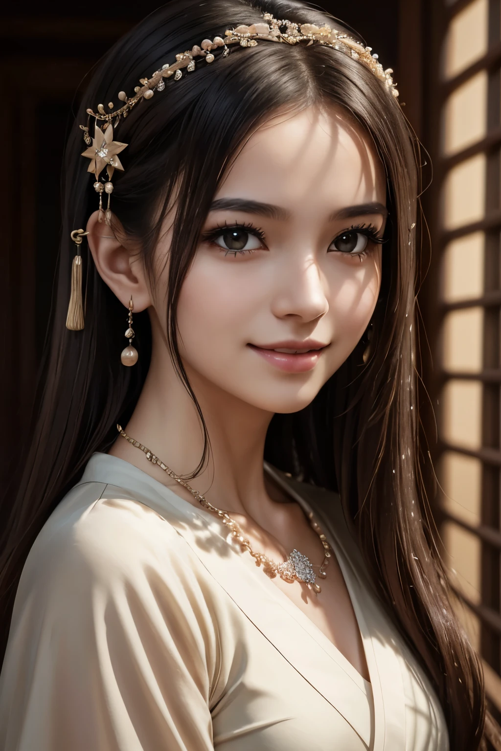 Superb Quality, Masterpiece, High Resolution, 1Girl, Blush, (Seductive Smile: 0.8), Star Pupil, Chinese Hanfu, Hair Accessories, Necklace, Jewelry, Beauty, on_body, Tyndall Effect, Realistic, Shadow Room, Light Edge, Two-tone Lighting, (High Detail Skin: 1.2), 8K UHD, SLR, Soft Light, High Quality, Volume Lighting, Candid Photo, High Resolution, 4K, 8K, Background Blur, Real Person