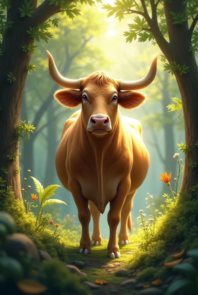 A beautiful cow in a forest
