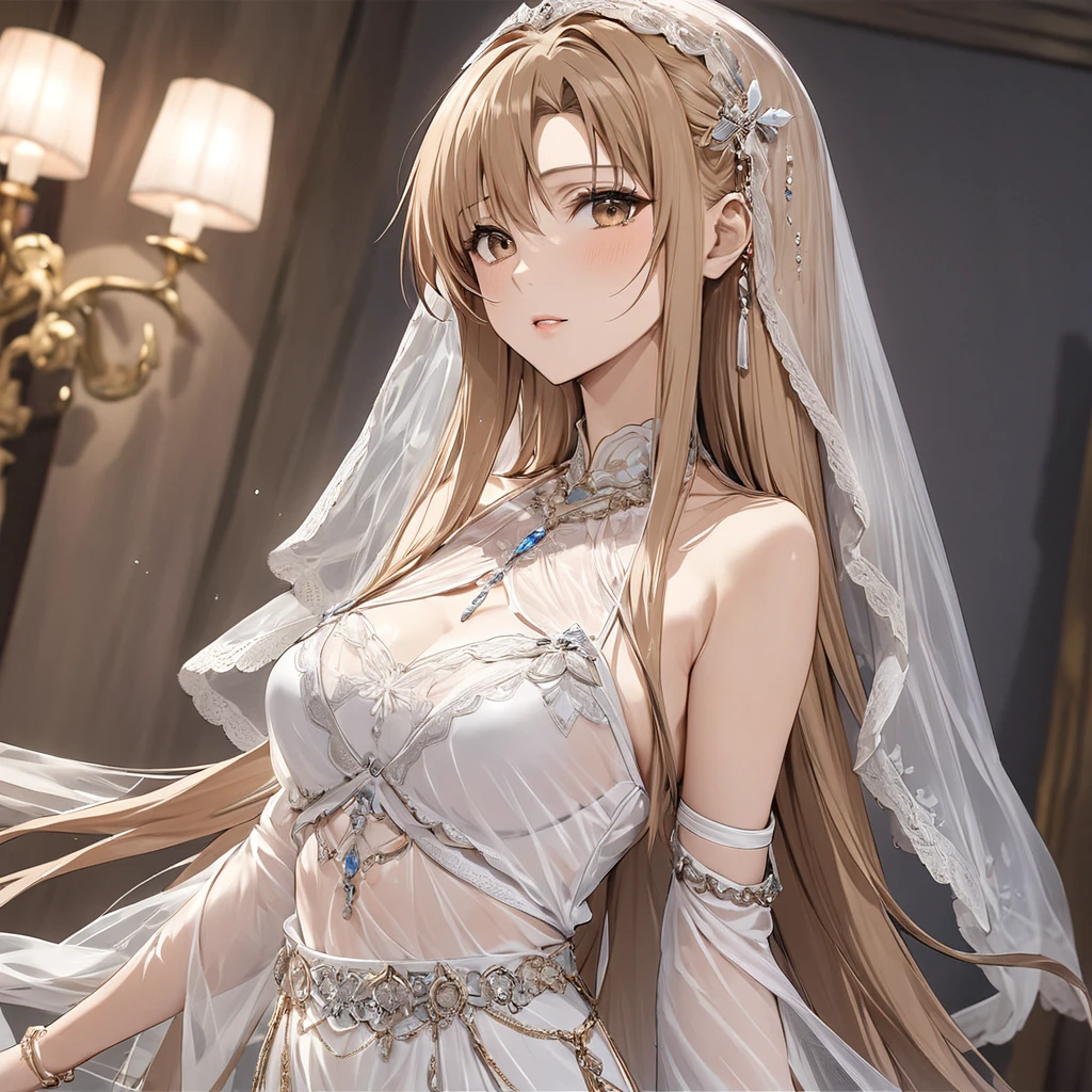 ((Highest quality)), ((masterpiece)), (detailed), （Perfect Face）、The woman is Yuuki Asuna, with light brown, semi-long hair, wearing a completely transparent outfit and veil, and adorned with luxurious accessories.