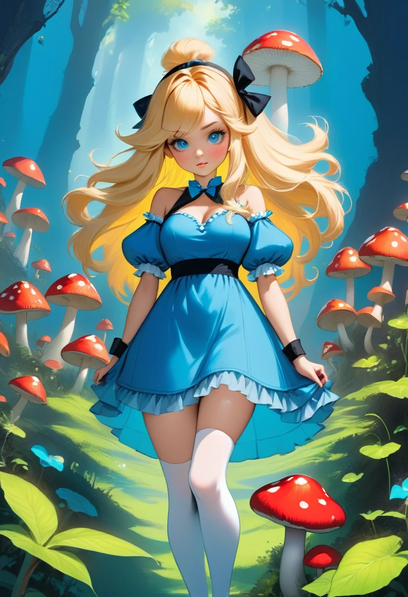 a beautiful 20 year old blonde woman with big messy hair in a blue dress, white stockings, black headband, cleavage, holding a glowing mushroom, fantasy art style, rossdraws cartoon vibrant, alice x. zhang, alice in wonderland cyberpunk, cute detailed digital art, colorfull digital fantasy art, digital fantasy art ), glossy digital painting, rossdraws pastel vibrant, rossdraws 2. 5, rossdraws 1. 0