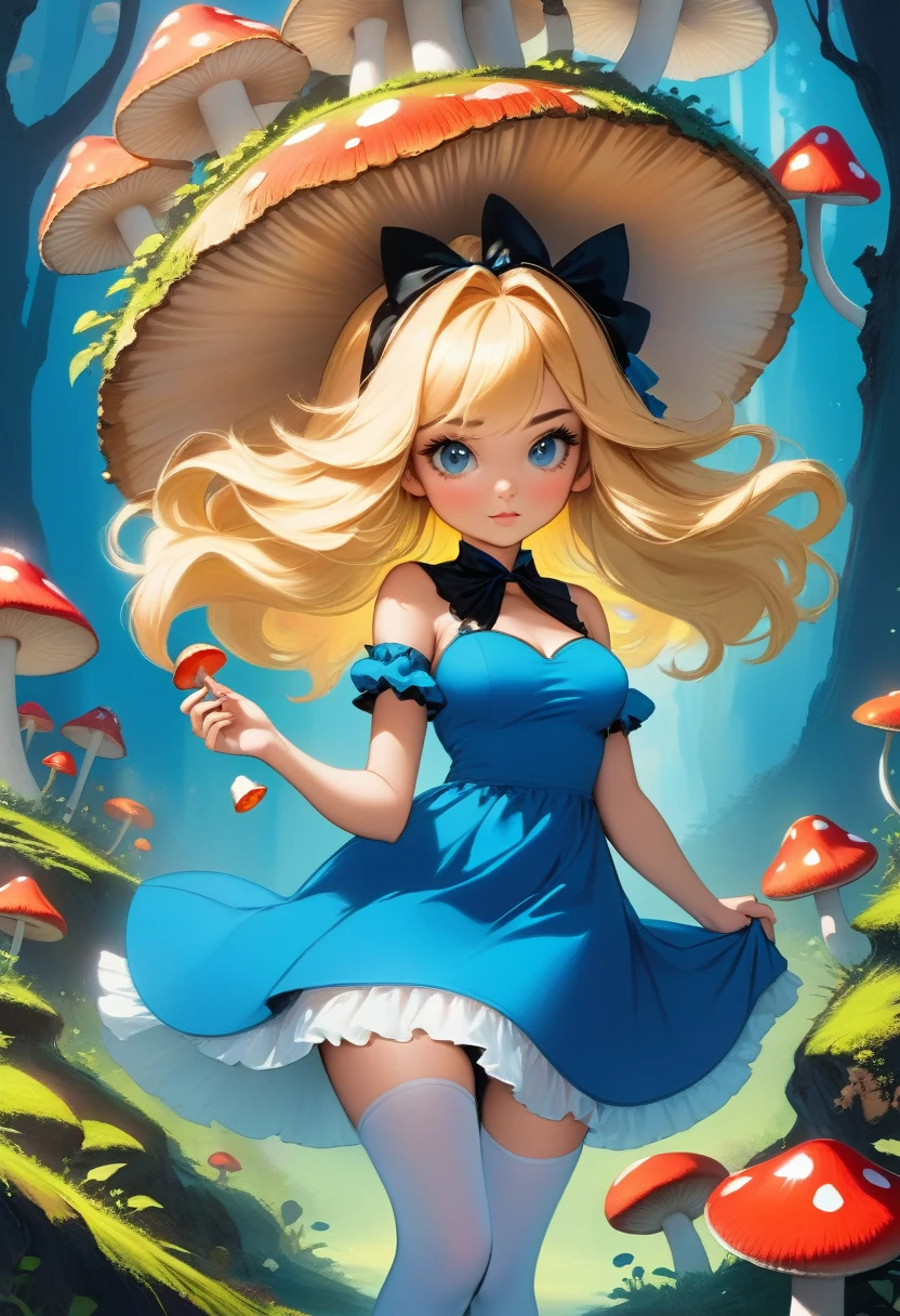 a beautiful 20 year old blonde woman with big messy hair in a blue dress, white stockings, black headband, cleavage, holding a glowing mushroom, fantasy art style, rossdraws cartoon vibrant, alice x. zhang, alice in wonderland cyberpunk, cute detailed digital art, colorfull digital fantasy art, digital fantasy art ), glossy digital painting, rossdraws pastel vibrant, rossdraws 2. 5, rossdraws 1. 0