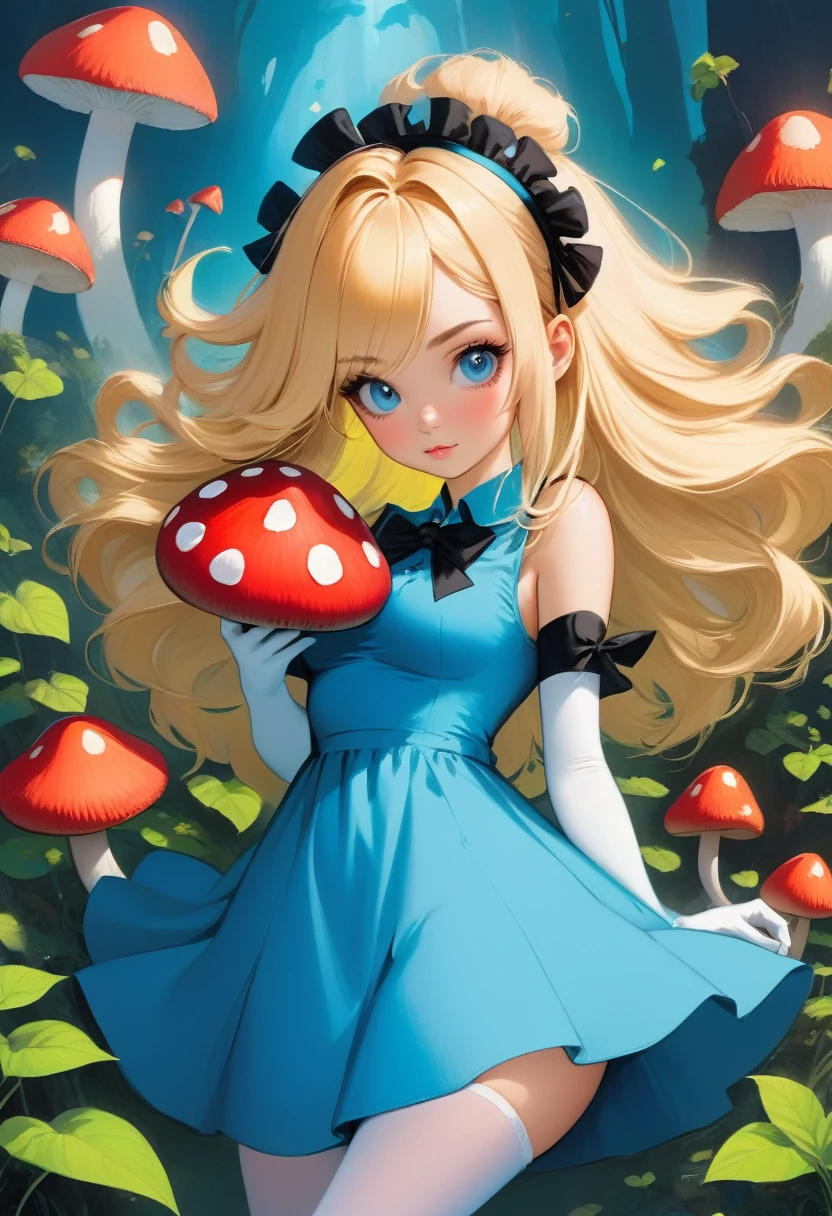 a beautiful 20 year old blonde woman with big messy hair in a blue dress, white stockings, black headband, cleavage, holding a glowing mushroom, fantasy art style, rossdraws cartoon vibrant, alice x. zhang, alice in wonderland cyberpunk, cute detailed digital art, colorfull digital fantasy art, digital fantasy art ), glossy digital painting, rossdraws pastel vibrant, rossdraws 2. 5, rossdraws 1. 0