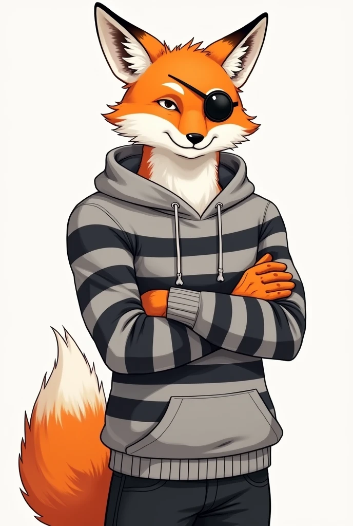 Orange and white fox illustration、professional technology、soft and fluffy fur, Crossed arms, male, striped hoodie, Add a pirate eye patch to the left eye、black long pants、normal physique、edad17、Add a long sleeve sweater,grey color with black stripes、Clothes up to the waist、Illustration of only the upper body from the waist up.、scribble