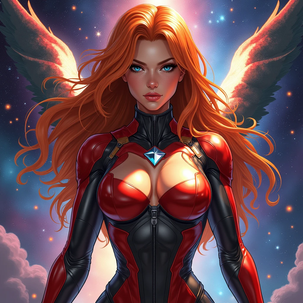  muscular woman mesmerizingly beautiful REDHEAD CARAMEL diamond zero suit samus FLYING IN SPACE GALAXY front portrait face to waist, advanced punk figurative art background, estilo alex petruk
