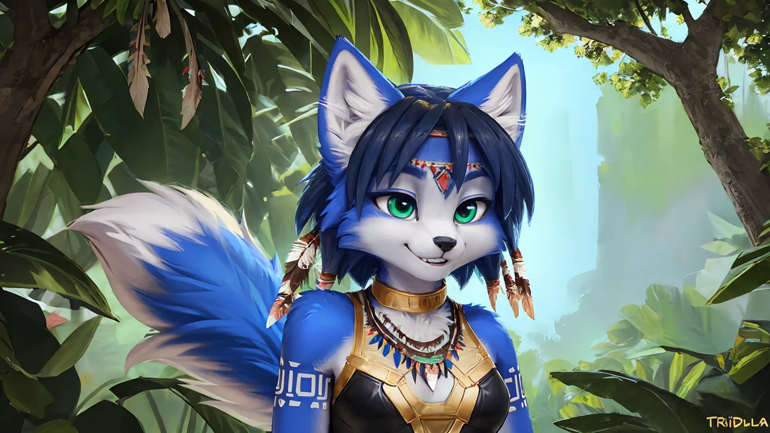 A beautiful and detailed (sweet picture) wa ((krystal)), Star Fox Krystal, sslim, lovable, green eyes, medium breasts, (((Long blue hair 1.3))),  ((Tips for black hair)), Decollete, grin, look up,, anthro, furry, Uploaded E621, detailed fluffy fur, (wa Fluff-Kevlar, Bayard Wu, personalize me, Pino Daeni), detailed face, (fluffy), 1 girl, alone, (((Tribal clothing:1.3))), ((leather breastplate)), sweet girl, alone
