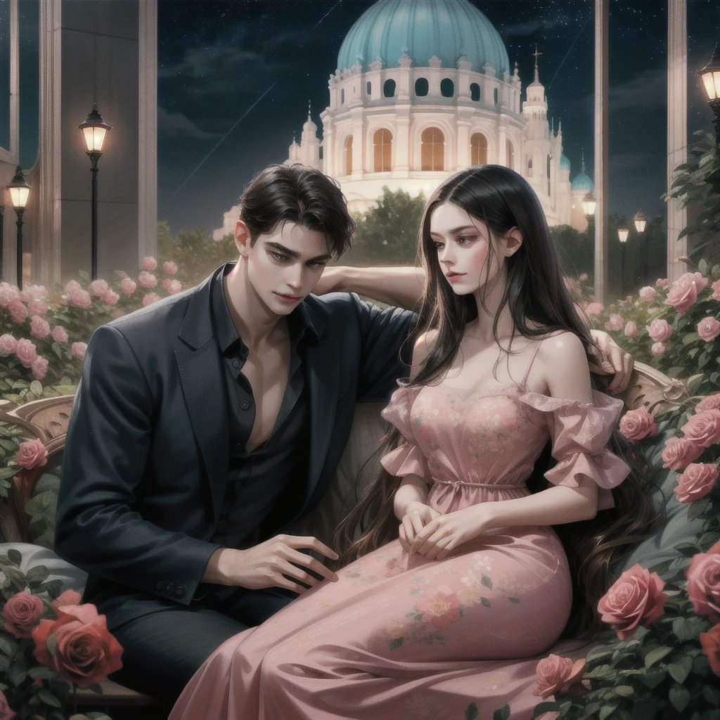 Happy couple, 1 girl 1 boy, Different hair color, Extraordinarily detailed face, Long black bangs and brown eyes. A young woman with long hair, a hair clip, a hair pin.,, A man with black hair, an open forehead, and dark grey eyes.,, Face to face, 35 years old, , (Young woman in a pink floral dress), (Young man in jeans ), The light is dim.,, The boy is tall, has broad shoulders, a sharp face, and fierce eyes., Height difference , Background, night, grassland, lights, sitting, summer, desert, Pink clouds, A land full of roses, James Gurney, Art Station Display, Ultra Wide Lens, high definition