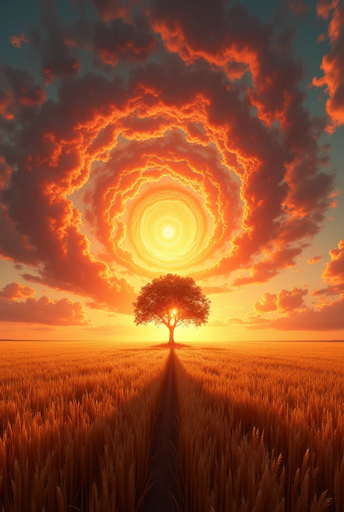 a serene and tranquil landscape, endless fields of golden wheat, a lone tree silhouette against a vivid sunset sky, intricate fractal patterns swirling through the air, a sense of infinite wonder and contemplation, ethereal lighting, vibrant color palette, (best quality,8k,hyperrealistic,masterpiece:1.2),ultra-detailed,photorealistic,award winning photograph,concept art,dramatic lighting,highly detailed,atmospheric,moody,cinematic