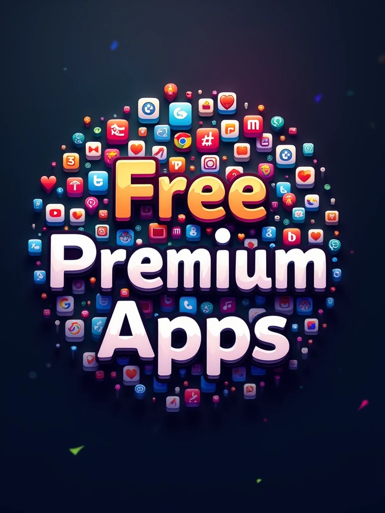 a logo with text Free premium apps,,bacground are small graphics of many apps logo