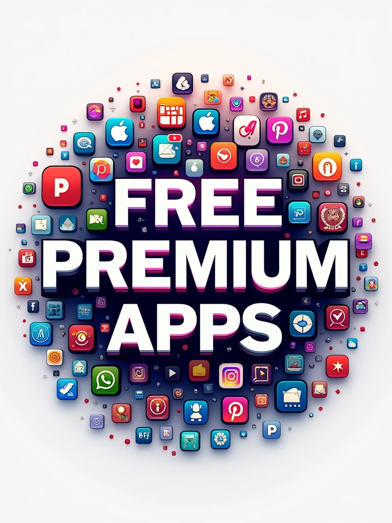 a logo with text Free premium apps,,bacground are small graphics of many apps logo