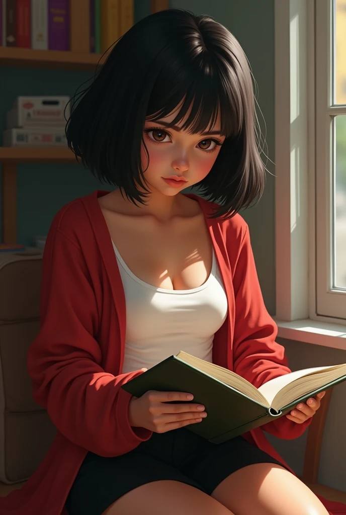Create a Nicaraguan Latina girl , light caramel skin, with a square face and slightly masculine features , Wide nose , brown eyes , round lips, short hair ,fluffy and straight black color , small waist , small breasts , reading a book , dressed in a black mini skirt and a white tank top and a red cardigan.