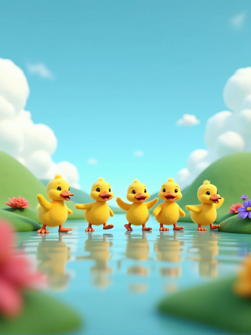 Create a cartoon 3D render colorful scene of five little ducks waddling away from a pond, happily quacking and flapping their wings. The background should feature rolling green hills, a clear blue sky, and vibrant flowers.