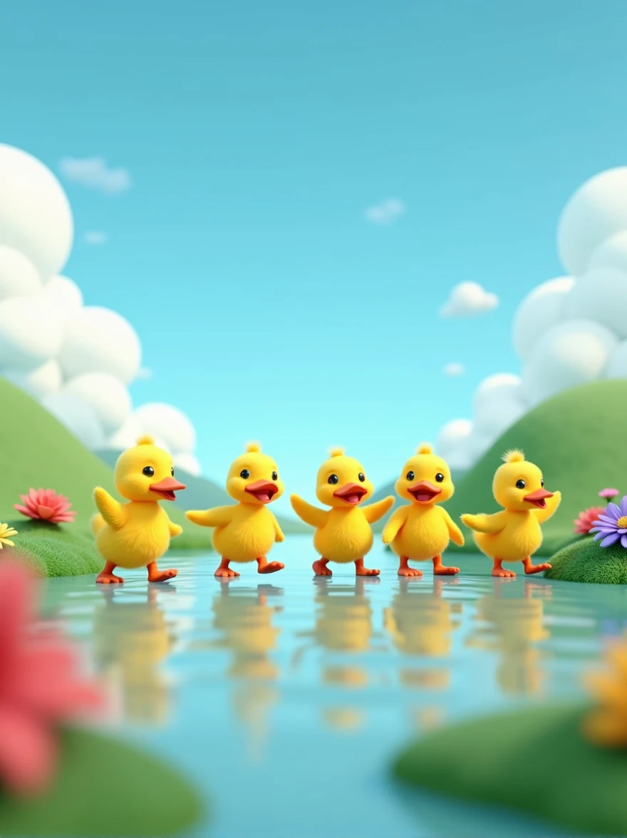 Create a cartoon 3D render colorful scene of five little ducks waddling away from a pond, happily quacking and flapping their wings. The background should feature rolling green hills, a clear blue sky, and vibrant flowers.