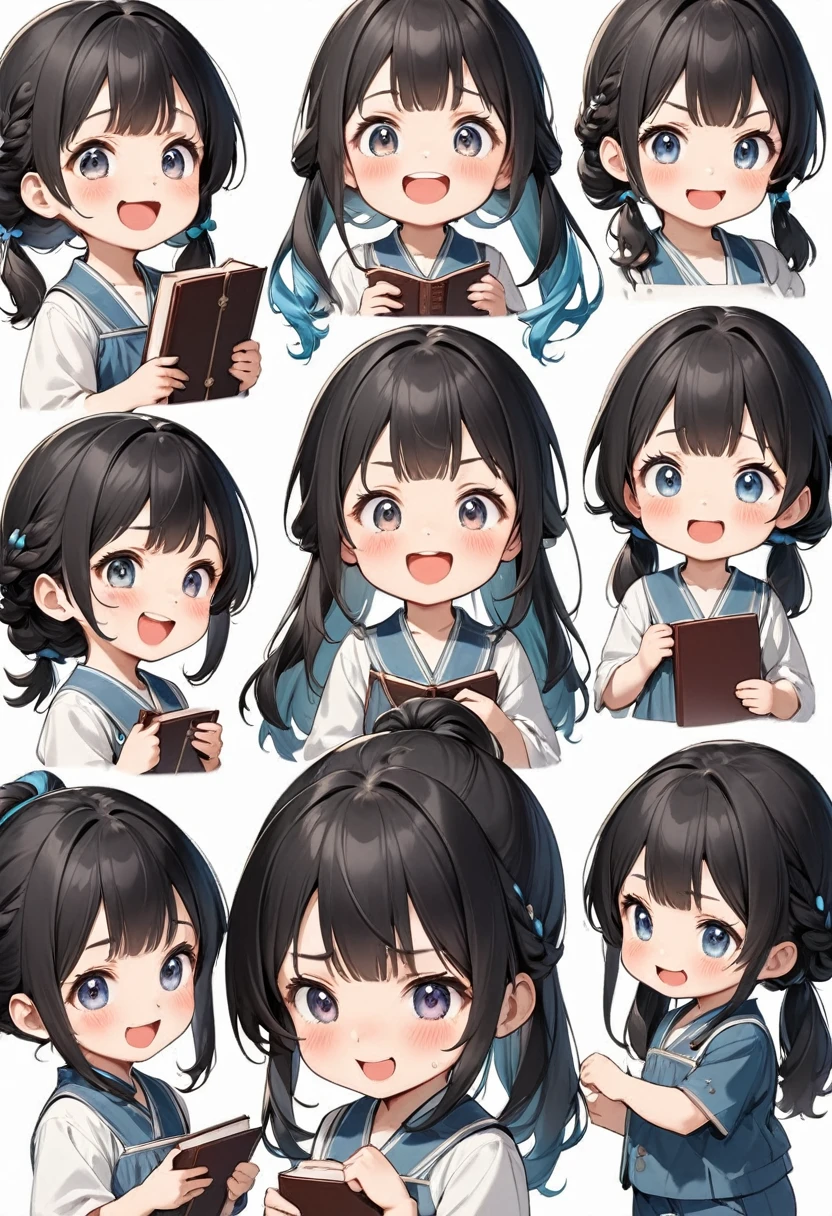  Accurate perfect anatomy, five different expressions, very cute  girl anime character image, hand holding book pose, light blue long hair, very cute littlewith different expressions, kaki pants and different colored fir clothes (Hairstyle light basket long hair) White background, detailed drawing, front view, side view, three-quarter view, smiling face, smiling, angry, happy, crying face, cute, exaggerated, different expressions, lifelike depiction, perfect artistic design, accurate, perfect anatomy, complex, extremely delicate texture, clear and detailed animation