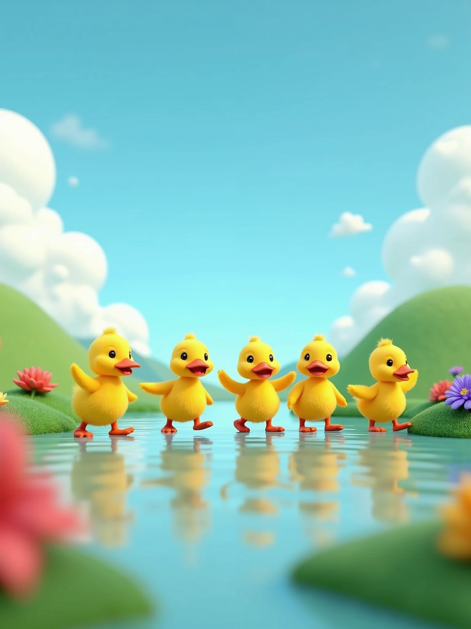 Create a cartoon 3D render colorful scene of five little ducks waddling away from a pond, happily quacking and flapping their wings. The background should feature rolling green hills, a clear blue sky, and vibrant flowers.