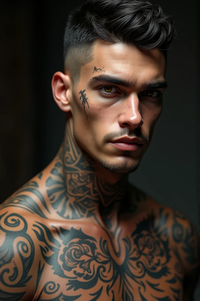 a 20-year-old boy, thin and muscular, and covered in tattoos. He is tall, has cropped dark black-brown hair, deep brown eyes, a charming white smile, and a deep dimple on his left cheek. He also has a cut on one of his eyebrows.