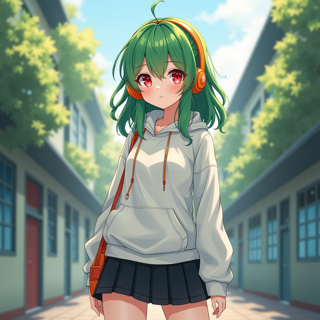 White hoodie、Black miniskirt、Hair is green、Eye color: Red、A high school girl wearing orange headphones