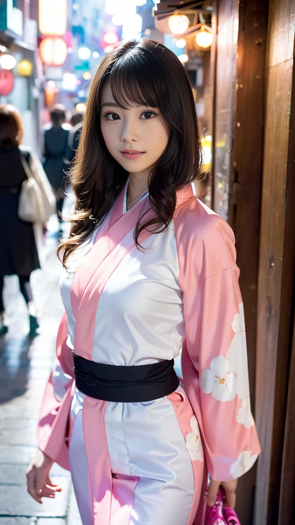 masterpiece, Highest quality,16K, Ultra-high resolution,The light and shadow of reality,Cinema Lenses,((Her waist is so slim and beautiful)),((High nose、Small Mouth)),((Clean and slim face line)),((Big dark eyes with long eyelashes)),((Very small face))((Very slim and beautiful arms)),((She is very thin and has a great figure)),((Pure white beautiful skin)),((Cute Japanese Girls)),(((Wearing a bright pink kimono、yukata))),((Walking the streets of Tokyo)),(Beautiful Eyes:1.1),Reflecting clear eyes and a gentle smile,