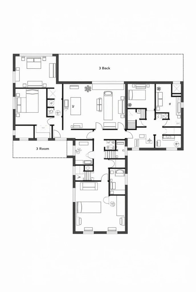 plan of a t-shaped house with 3 rooms at the back, 5 rooms on the right side and 3 rooms on the left side distributed along a main hall
