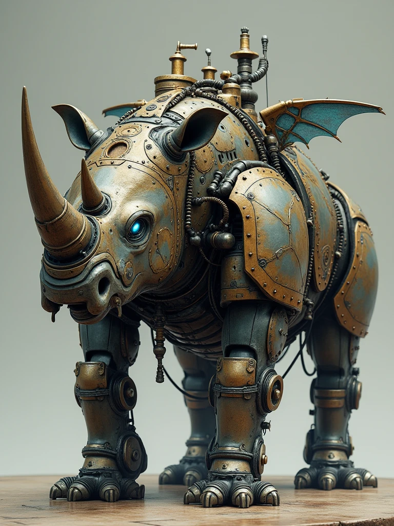A intricately designed mechanical creature resembling a rhinoceros. It is adorned with various mechanical parts, gears, and devices, giving it a steampunk aesthetic. The creature has large, curved horns, a sturdy body, and multiple legs. It is equipped with glowing blue eyes, mechanical wings, and a series of tubes and pipes. The color palette is dominated by metallic hues with accents of gold and blue. The creature stands against a muted background, emphasizing its detailed design.