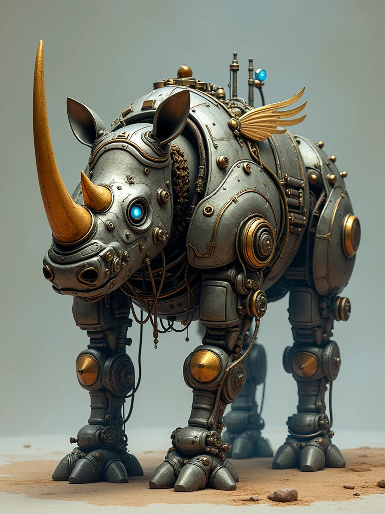 A intricately designed mechanical creature resembling a rhinoceros. It is adorned with various mechanical parts, gears, and devices, giving it a steampunk aesthetic. The creature has large, curved horns, a sturdy body, and multiple legs. It is equipped with glowing blue eyes, mechanical wings, and a series of tubes and pipes. The color palette is dominated by metallic hues with accents of gold and blue. The creature stands against a muted background, emphasizing its detailed design.