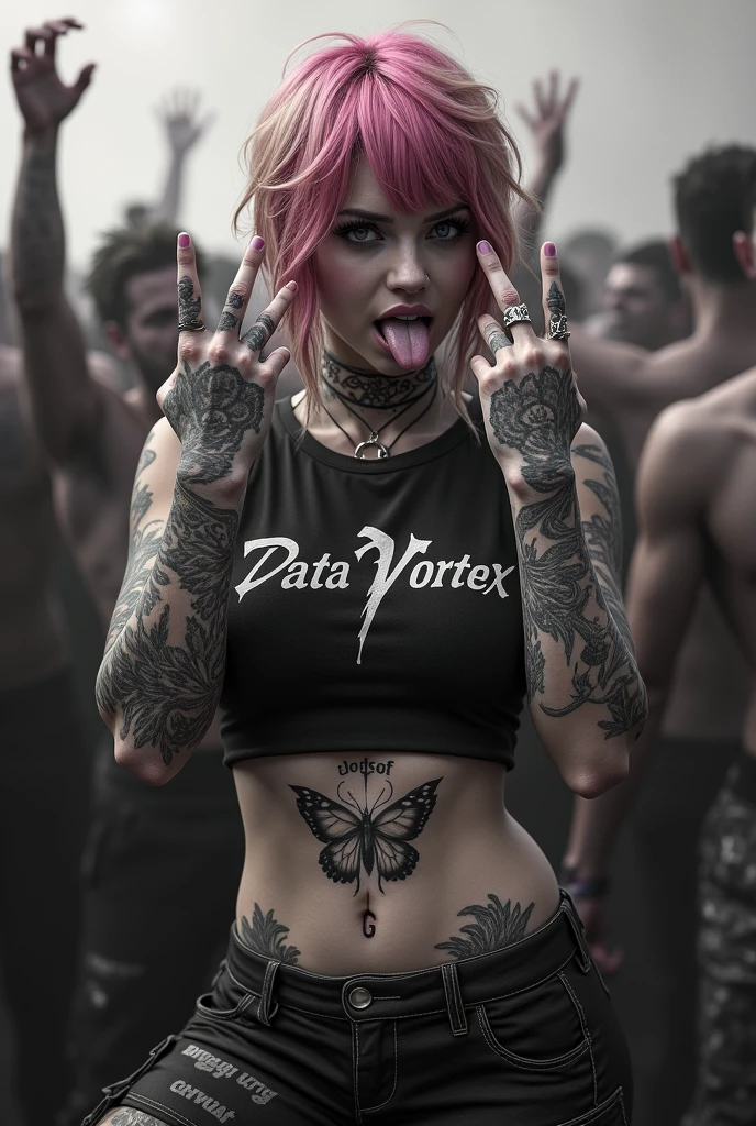 (photorealism:1.2) Make the image as real as possible. Pay attention to every single aspect of detail.
Beautiful woman with swept bangs. Her hair is short and her hair color is pink with blonde highlights. She has on a black top that reads ‘Data Vortex’ with a butterfly behind the text. She has on cargo vanguard pants with the belt loops on the hips. Her g-string is visible as well. Pay attention to detail in the image. Her pose is dramatic and badass. Her physique is athletic and curvaceous. Both of her arms are covered in tattoos. The tattoos are mainly anti-christ images, baphomet, plants and bible verses. She has a nose ring on her left nostril.
She is her tongue out and she’s holding up her middle fingers. The image should be in play and white. She is behind a rock concert mosh pit.
((Uncensored))