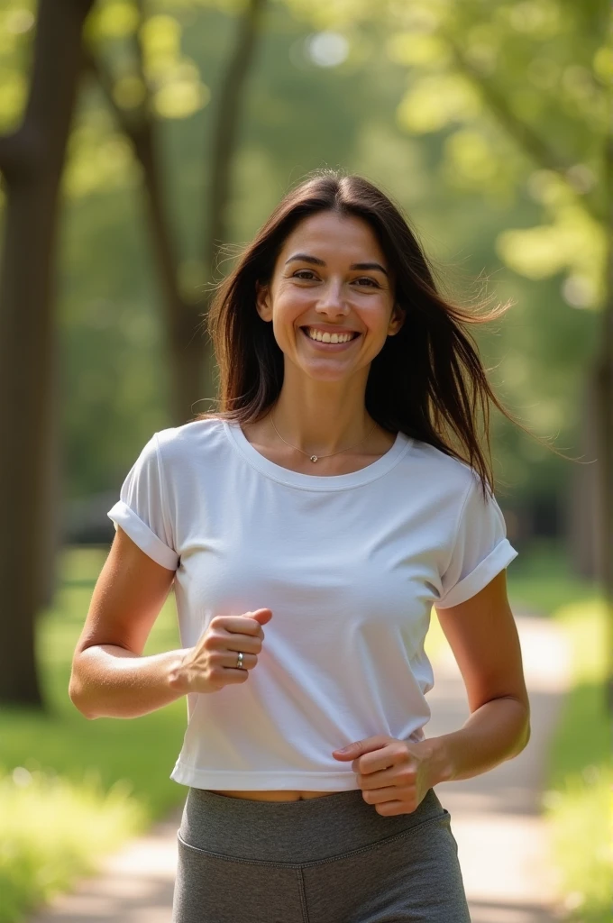 Create a realistic portrait of a 30-year-old female nutritionist with shoulder-length dark brown hair and warm, friendly eyes, enjoying an outdoor activity. She is dressed in casual, sporty attire, like a t-shirt and yoga pants, with a backdrop of a sunny park or trail. The setting and her active stance highlight her belief in a healthy, balanced lifestyle that includes physical activity.