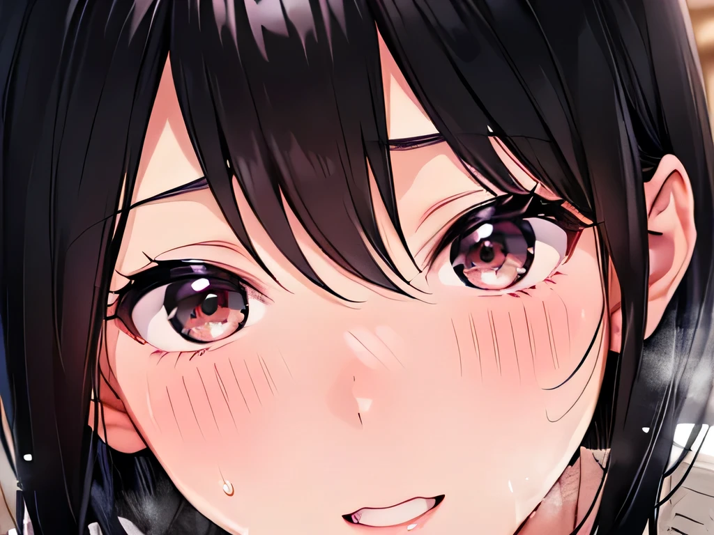 score_9_up, score_8_up, score_7_up, source_anime, dirty japanese ntr style, 1girl, black hair, buns, bang, heterochromia, red eye, green eye, eyeliner, black lipstick, dark skin, looking at viewer, saliva, blush, tongue, open mouth, bangs, lips, sweat, blunt bangs, tongue out, close-up, teeth, saliva trail, best quality, high quality