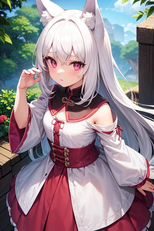 white hair,female , peasant clothes,wolf ears, dark pink eyes