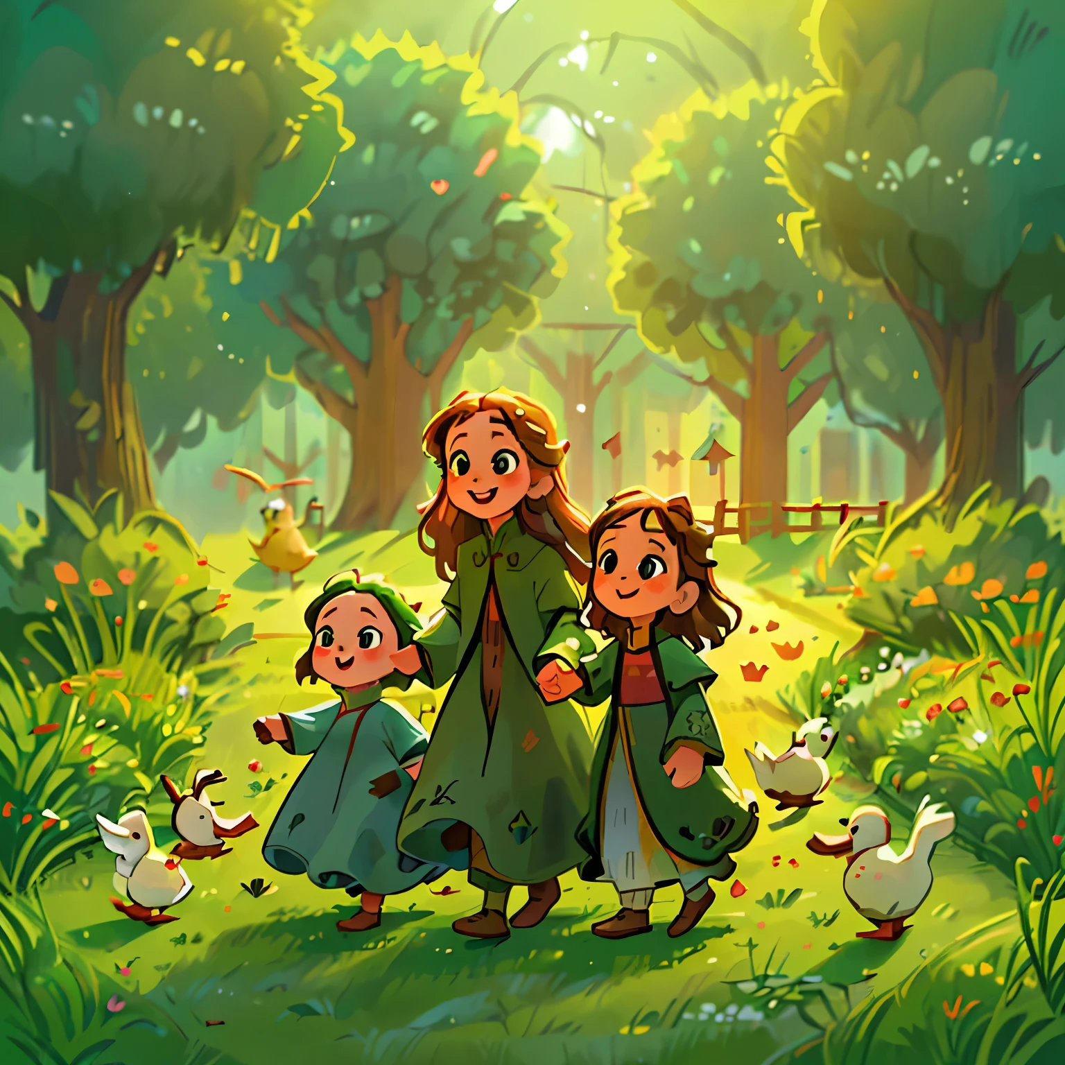 (high resolution: 1.2),Happy moment, medieval mother and 2 daughters, go shopping at village market, cheer, bunnies and duck, beautiful detailed eyes, lush green garden, long flowing hair, traditional medieval clothes,
