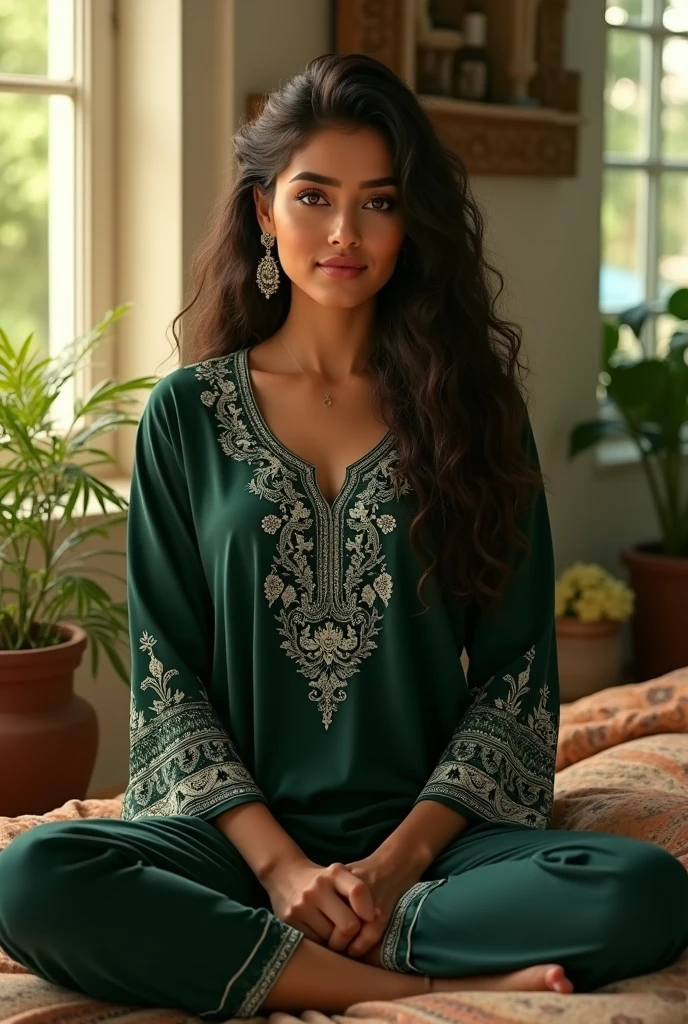 (photorealism:1.2), beautiful woman, wear a dark green kurti white print on neck full printed sleeve, pajama pants, long curly hair, indoors, soft lighting, plants in background, window with sunlight, cozy room, relaxed pose, realistic, intricate details, warm colors, by Greg Rutkowski, by Alphonse Mucha