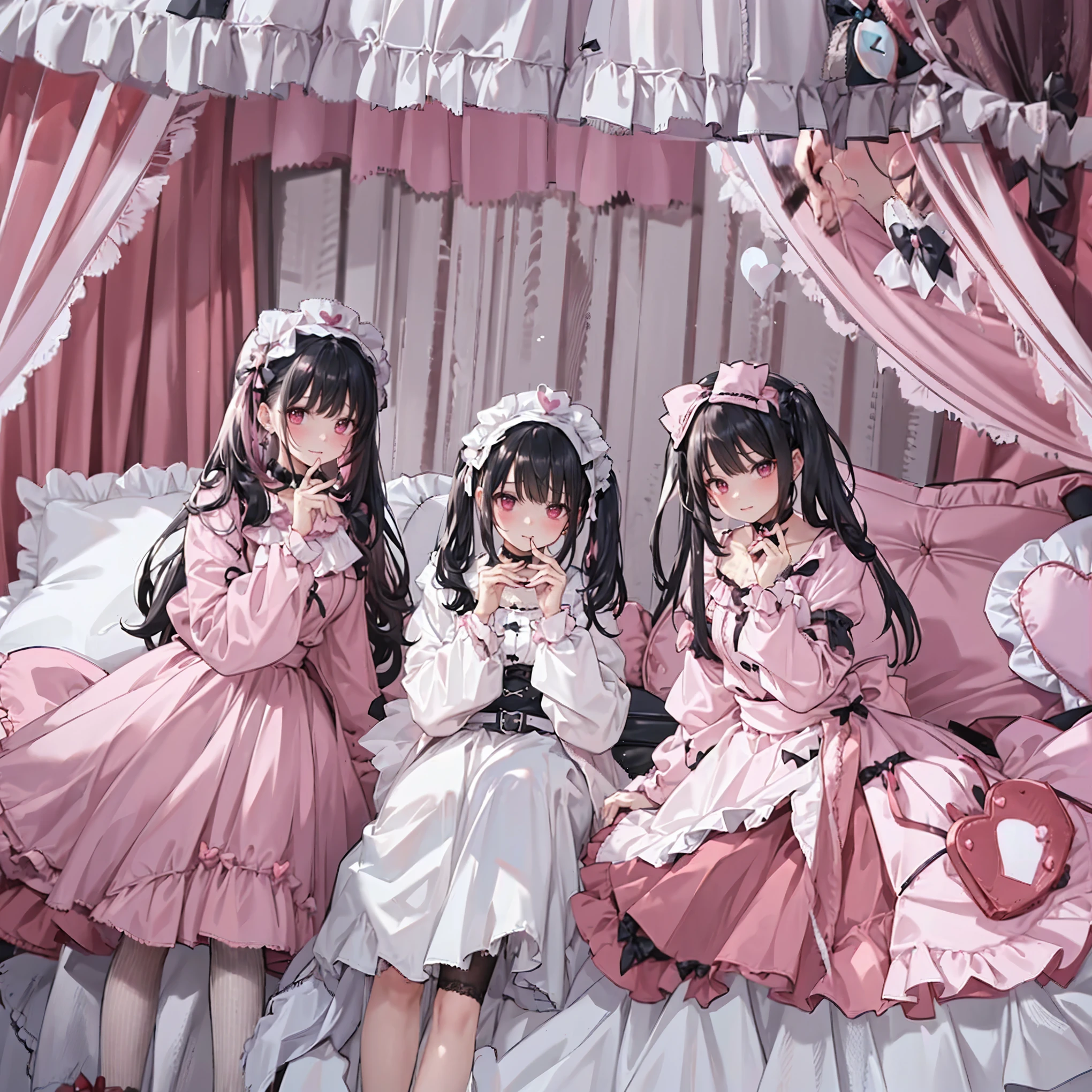 (score_9_, score_8_superior, score_7_superior, sauce_anime, 8k, masterpiece, Highest quality, Very detailed, Very delicate and beautiful, Official Style, Depth of written boundary, Very detailed, so beautiful, Complex, Overall Details, Perfect Anatomy), View your viewers, ((Faint Light:1.2)),
, (Black Hair, Pink Hair, Two-tone hair), Long Hair, two side superior, Black Hair bow, Red eyes, jirai kei, (Cross-strap clothing, Pink Shirt, Long sleeve, Frillsed sleeves),Frills, Black bow tie, Black belt,Black Skirt,Luxurious pink and black head dress with Frillss and ribbons,Detailed headdress, Detailed dress,
Red eyes,Heart Eyes,
Heart Brooch, heart earrings, ring, Manicure, Pink Nails, Black nails, black mouth mask, Black choker,
Holding her hand,Please keep your hands close to your mouth,She's staring at the camera with a greedy face,She seems to be crying.Wicked Smile,
pink canopy bed,Frillsのカーテン,Frillsの付いたピンクの枕,Frills付きの黒い枕,Red pillow with hearts, Very soft bed,A soft Frillsed devet,Soft pillow,Pink balloons,black balloon,
sit, ベッドのsuperiorで, (indole, Hotel Rooms, Love Hotel, Pink Wall, pink bed sheets), (Condom box, Okamoto Condom 0.01), pink smartphone,Smartphone with heart-shaped diamonds,