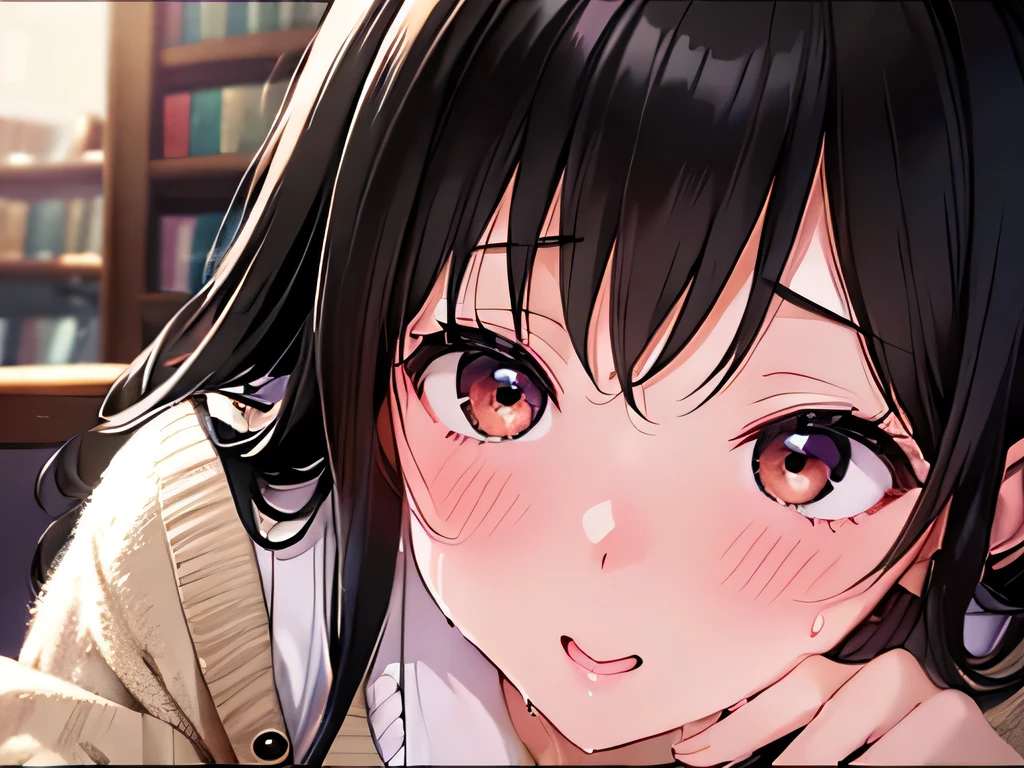 (masterpiece、Attention to detail),(Detailed and accurate face),beautiful girl、18-year-old、((Black Hair、Shortcuts)),(JK、cardigan)、sexy、((blush、Ecstasy face、Trance))、(Sweat),((paizuri)),(library)