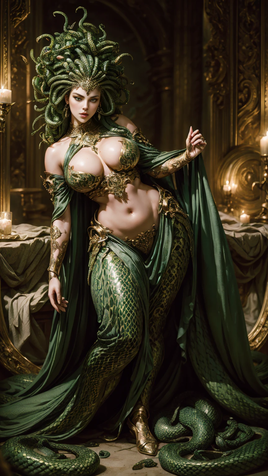 ((best quality)), ((masterpiece)), ((realistic)), Medusa, full body, the hair is composed of countless small snakes, green eyes, female face, metal carved top, royal aura, trend on artstation , sharp focus, studio photo, intricate detail, very detailed, detailed eye, illustration, very detailed, sharp focus, digital render, professional, 4k((huge perky breasts, deep cleavage, thick thighs, curvy figure))