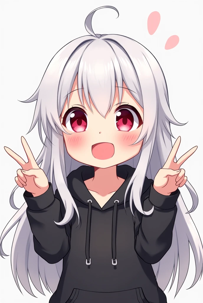 Chibi anime girl with long white hair and red eyes wearing a very cheerful black hoodie and her hands in a V shape